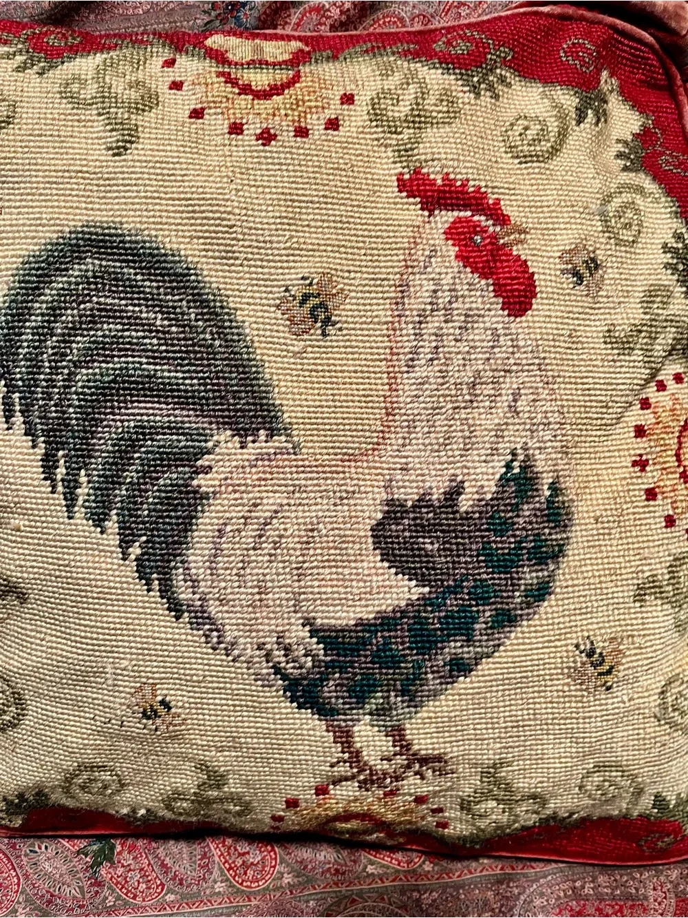 Wool Needlepoint Throw Pillows Feather Cushions Rooster Design Pair